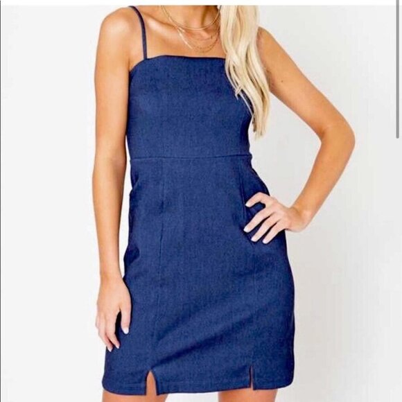 Altar’d State stretchy fitted blue denim dress with adjustable straps - Picture 2 of 4